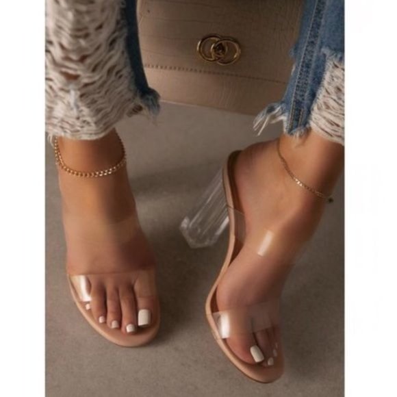 Shoes - !! NEW !! Clear Double Strap Block Heel Mules